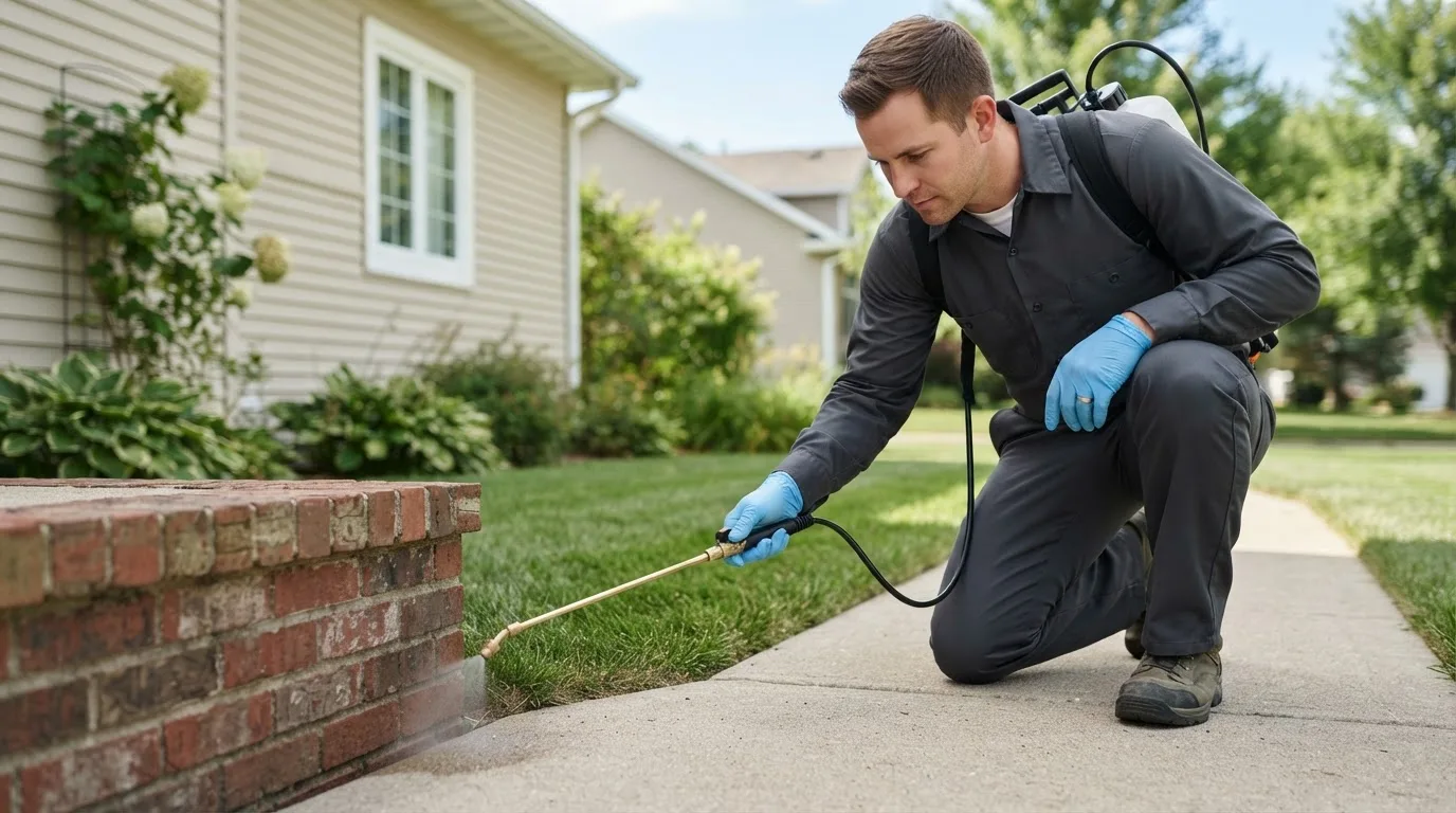 Pest control technician treating a home near Hartland, VT